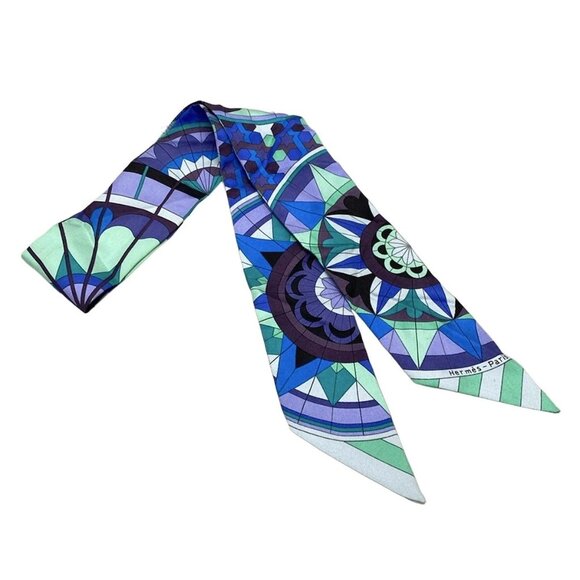 HERMES Twilly - Blue Light Green Multi Scarf 158-072225 - Picture 1 of 7